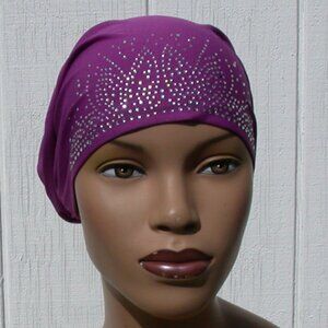 Rhinestone Tie Back Cap Cotton Bonnet Hijab Undercap Purple